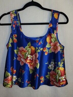Vintage Victoria's Secret Silky Satin Blue Floral Fruit Print Crop Tank Top S
